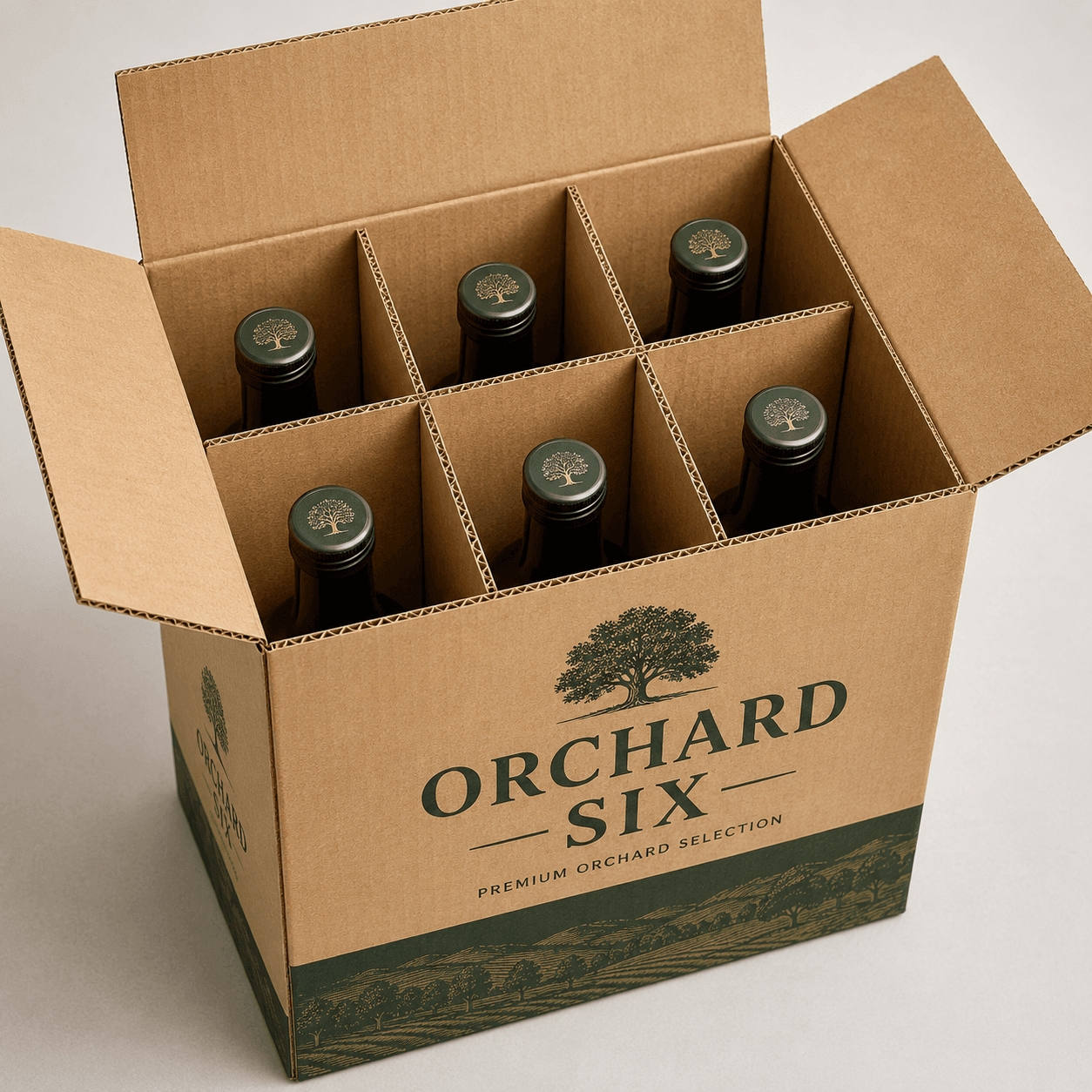 Partitioned carton holding several glass bottles with accurate cells that reduce contact during handling.