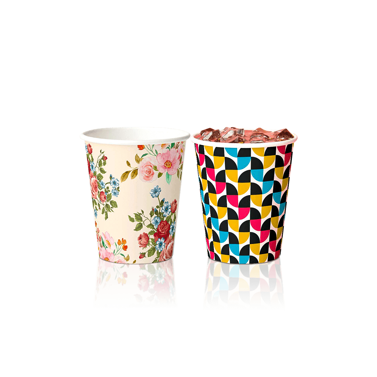 Custom paper cups in coordinated cafe branding for hot and cold drinks, takeaway counters and event service