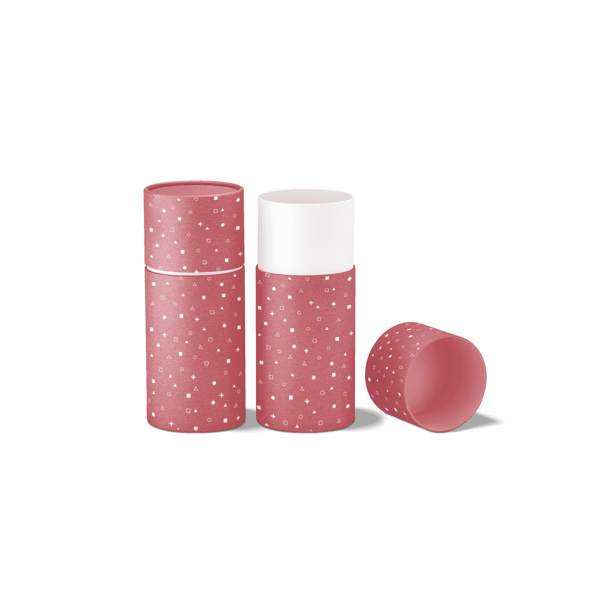Custom paper tube packaging with recyclable kraft surfaces, full-colour print and fitted round lids.