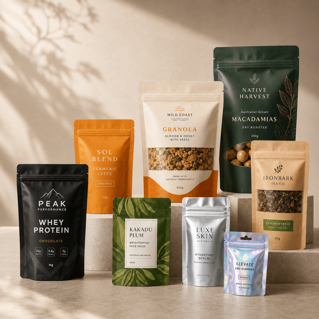 Custom Pouches and Flexible Packaging in stand up, flat, foil and Mylar styles with printed branding and closures.