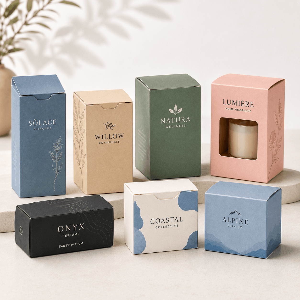 Custom folding cartons and tuck boxes in varied colours and structures with premium printed branding