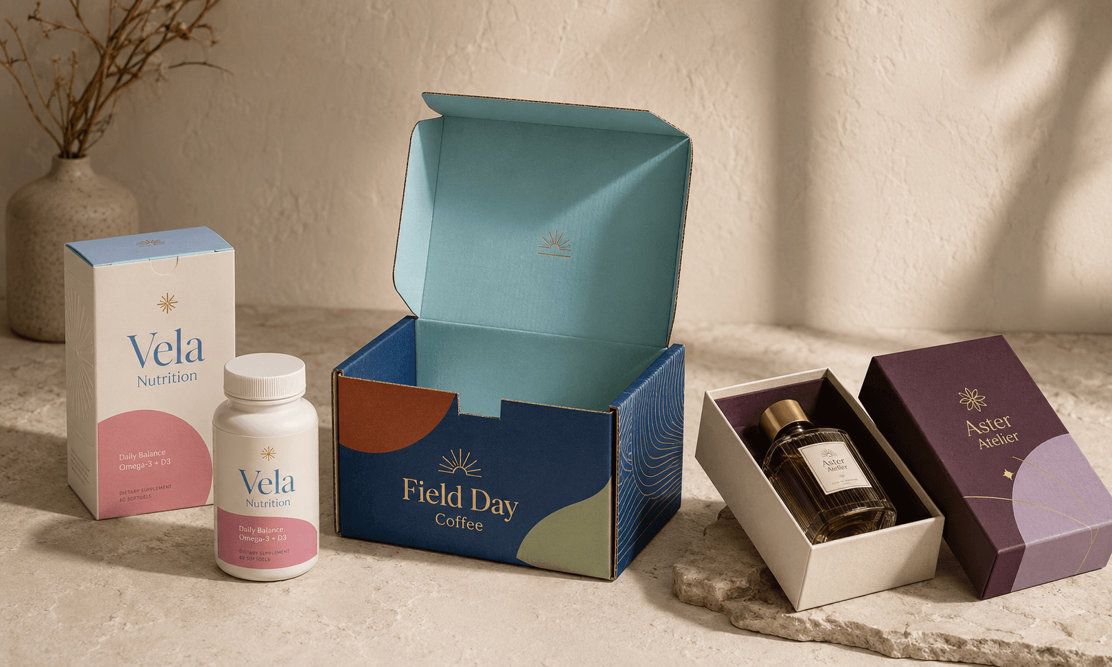 Paperboard, corrugated and rigid boxes arranged as a premium editorial material comparison.