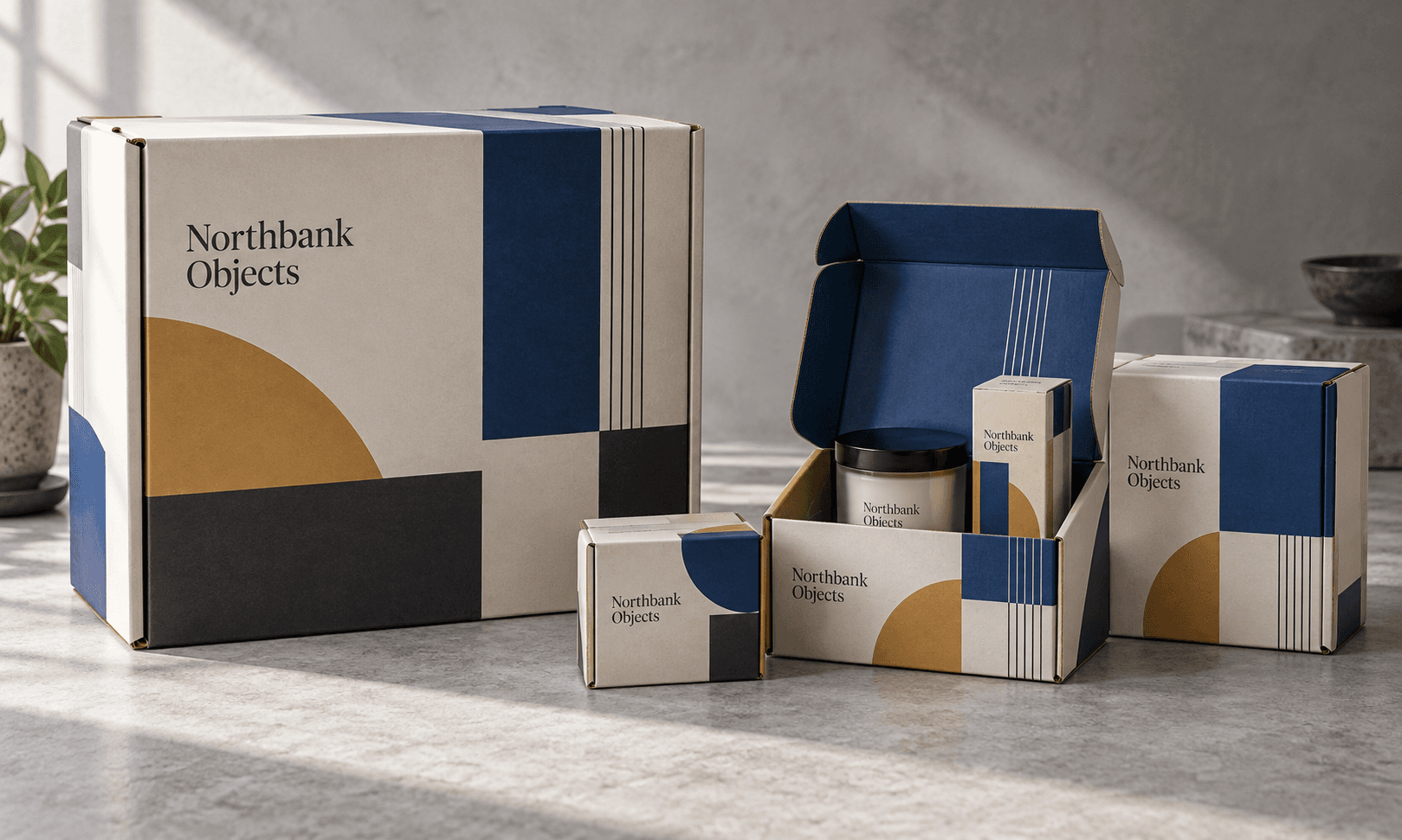 One oversized mailer beside three coordinated right-sized boxes for a fictional home fragrance brand.
