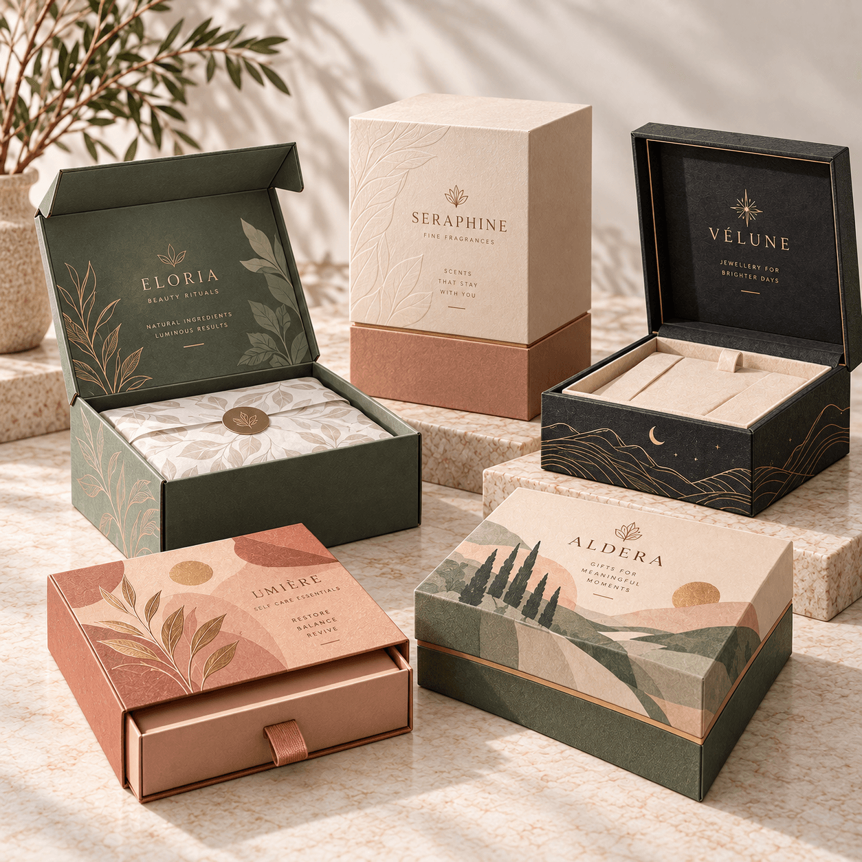 Fictionally branded rigid and presentation boxes in premium styles with custom printing, foil details and luxury finishes.