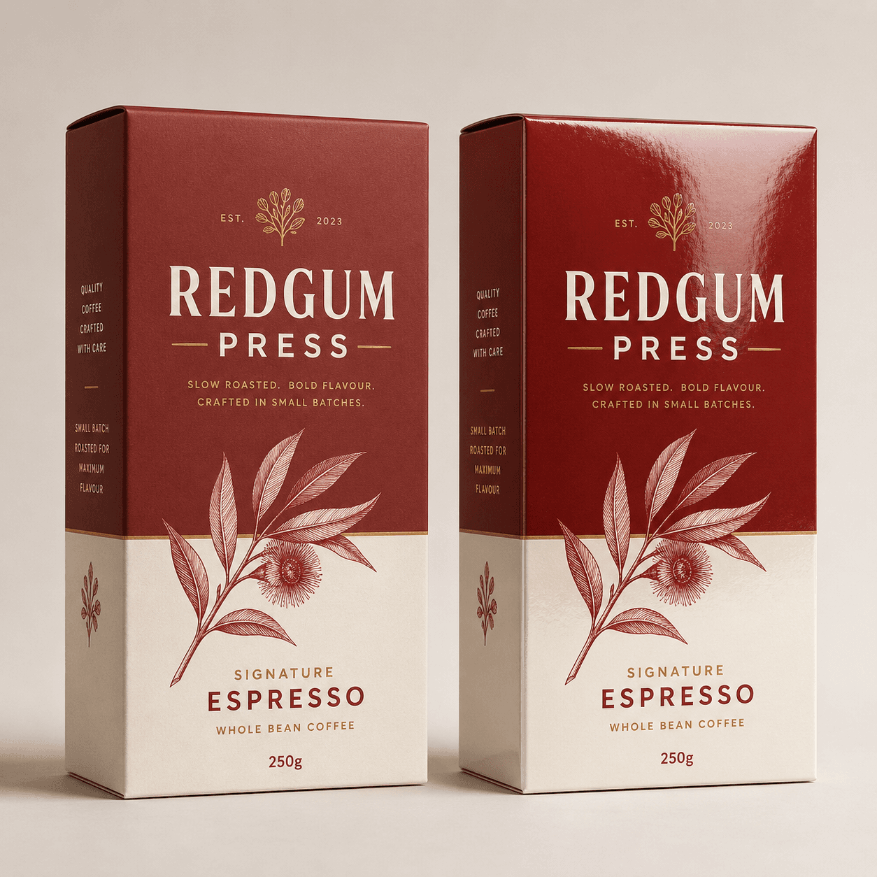Matte and gloss printed cartons under studio lighting, showing the contrast between soft and reflective finishes.