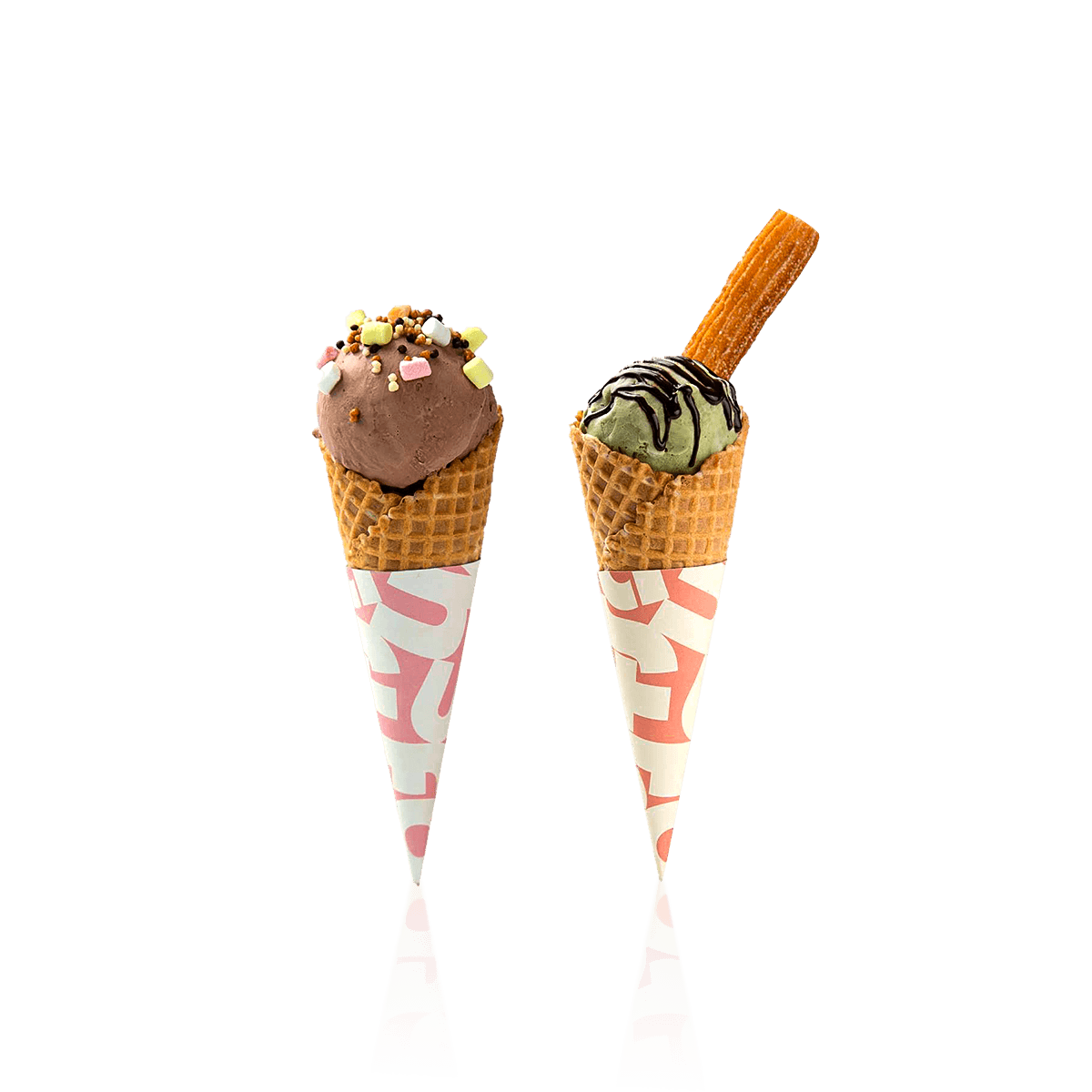 Custom ice cream cone sleeves fitted to pointed cones for grip, drip control and colourful takeaway presentation