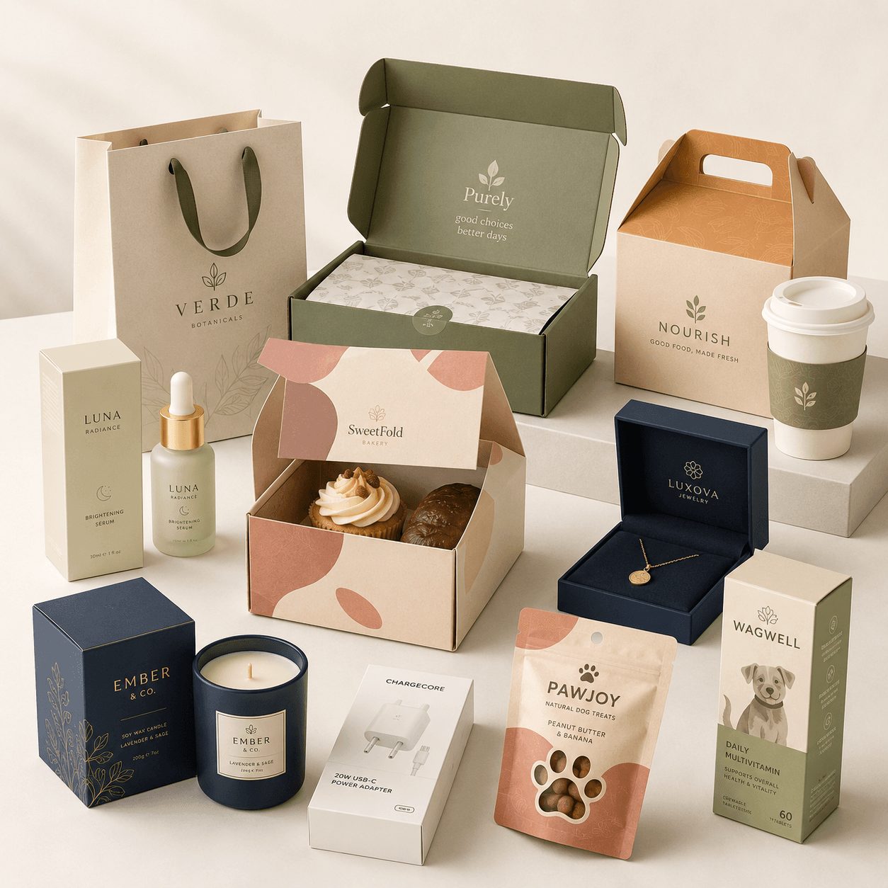 Custom packaging for beauty, bakery, retail, ecommerce, jewellery, electronics and pet product industries.