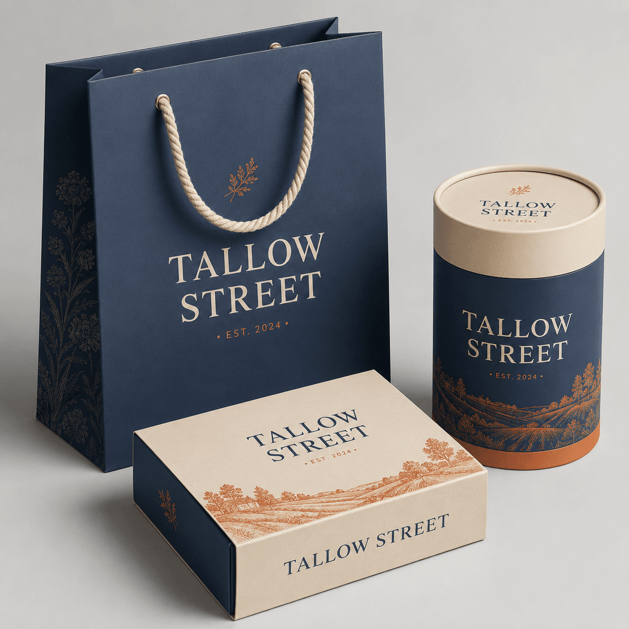 Coordinated paper bag, packaging sleeve and cardboard tube showing paper-based specialty packaging options.
