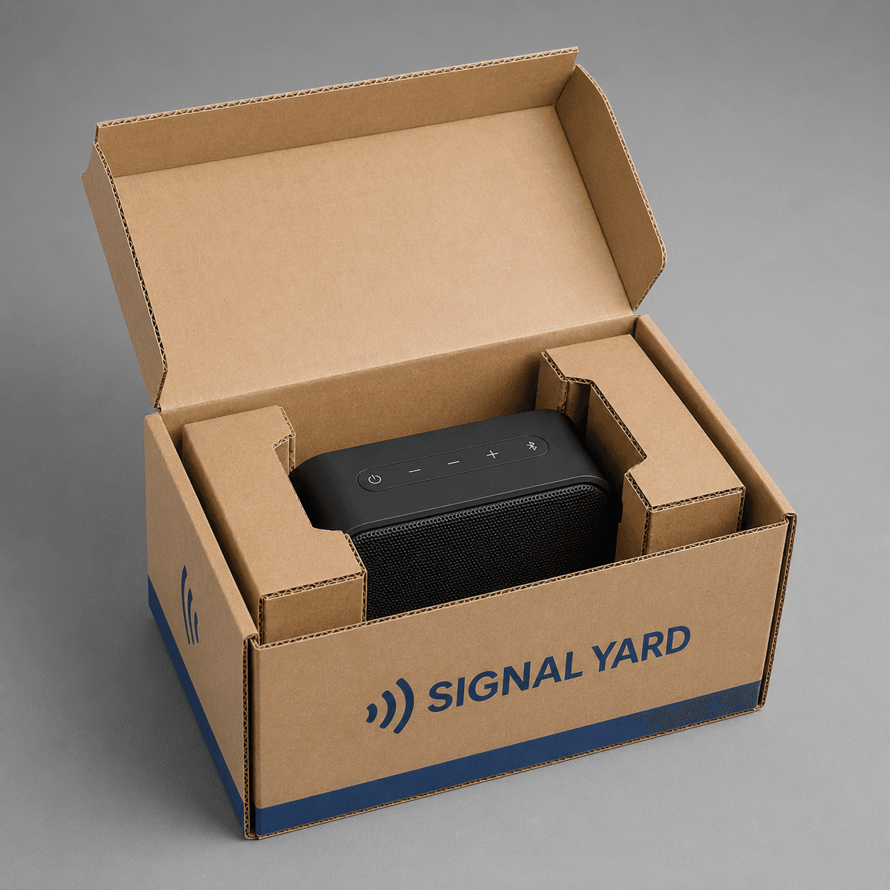 Corrugated cradle insert supporting an electronic product with cushioning, edge protection and a secure fit.