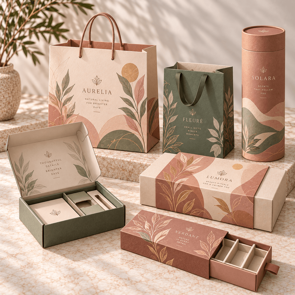 Fictionally branded bags, sleeves, tubes and inserts with custom printed designs for retail, gifting and product presentation.