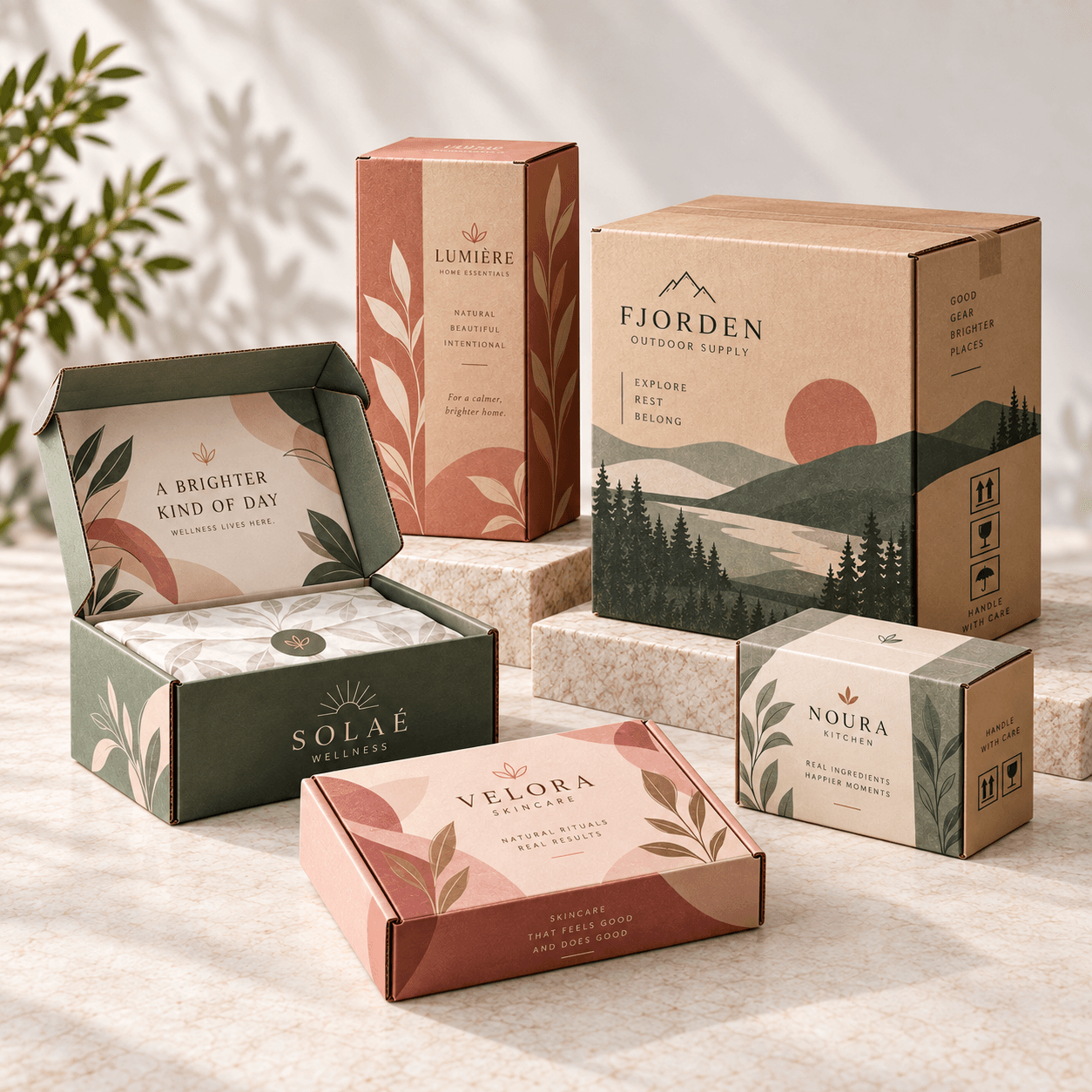 Fictionally branded mailer and shipping boxes in assorted corrugated styles with custom printed designs.