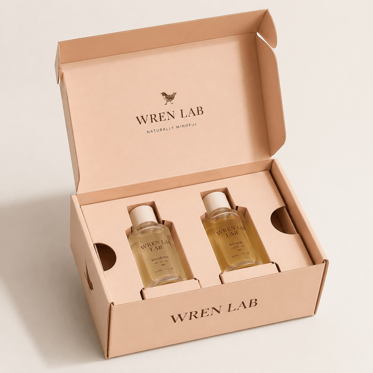 Die-cut paperboard insert holding two cosmetic bottles securely with precise cut-outs and a neat presentation.