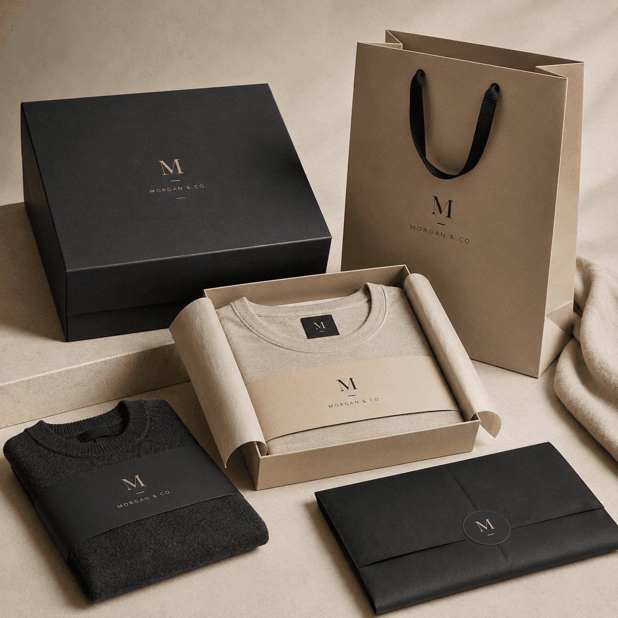 Custom retail and apparel packaging with branded clothing boxes, shopping bags and sleeves for shelf and gift presentation
