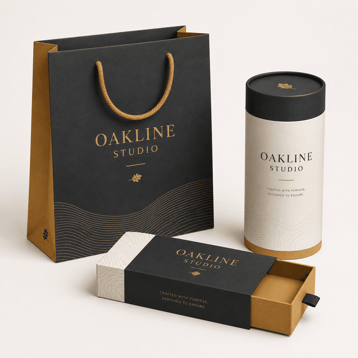 Printed paper bag, packaging sleeve and cardboard tube arranged as coordinated branded packaging pieces.