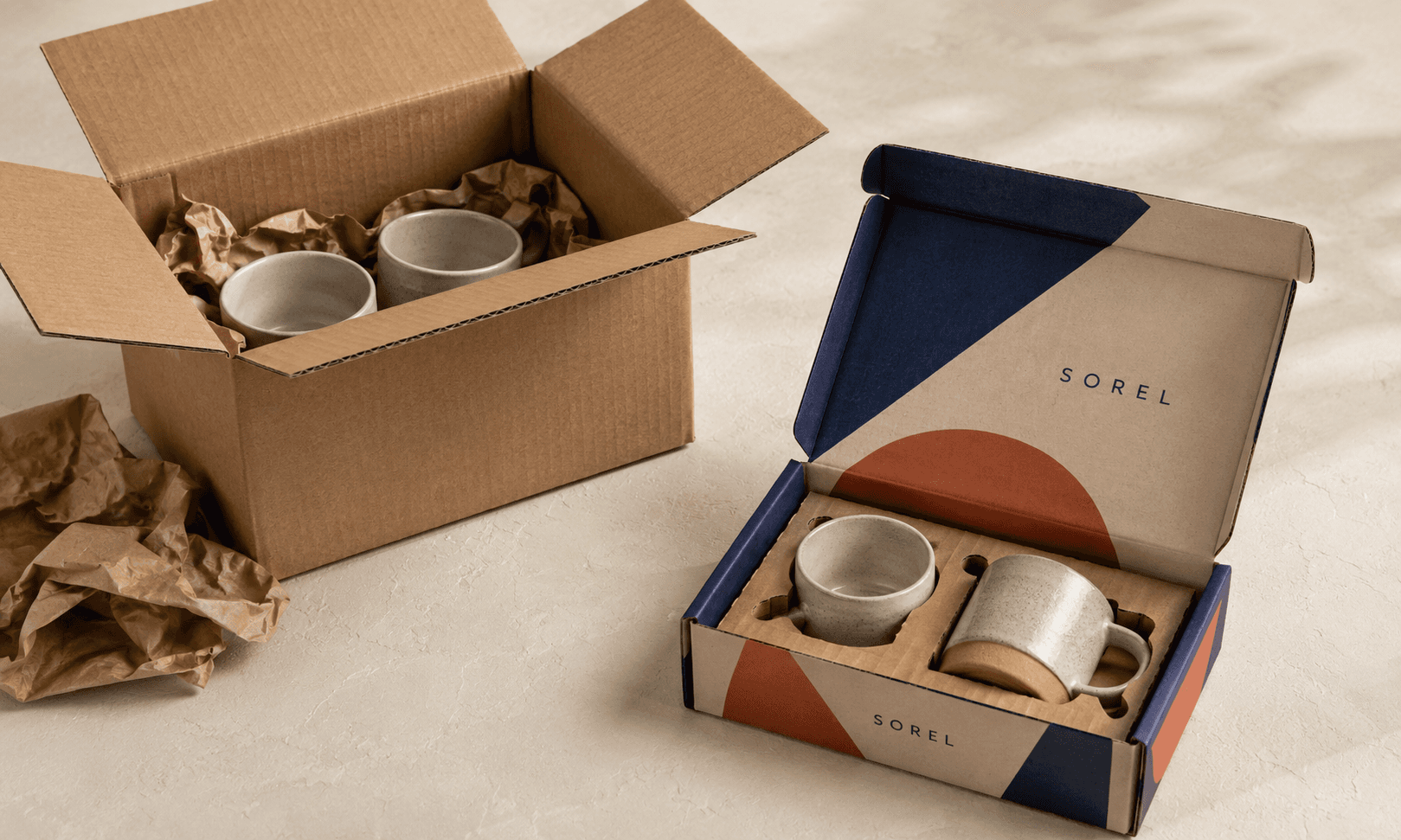 Custom and stock corrugated boxes arranged side by side with products showing fitted and oversized packaging.