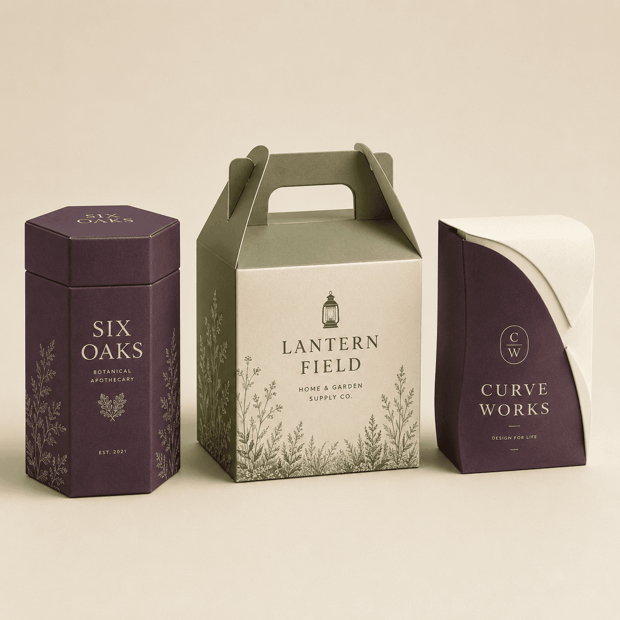 Hexagonal, gable and shaped cartons arranged together to show distinctive structures and accurate construction.