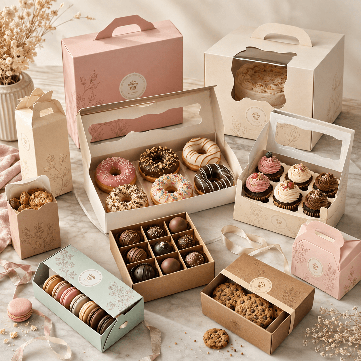 Custom bakery and confectionery packaging with window boxes, fitted trays and gift cartons for fresh sweet products