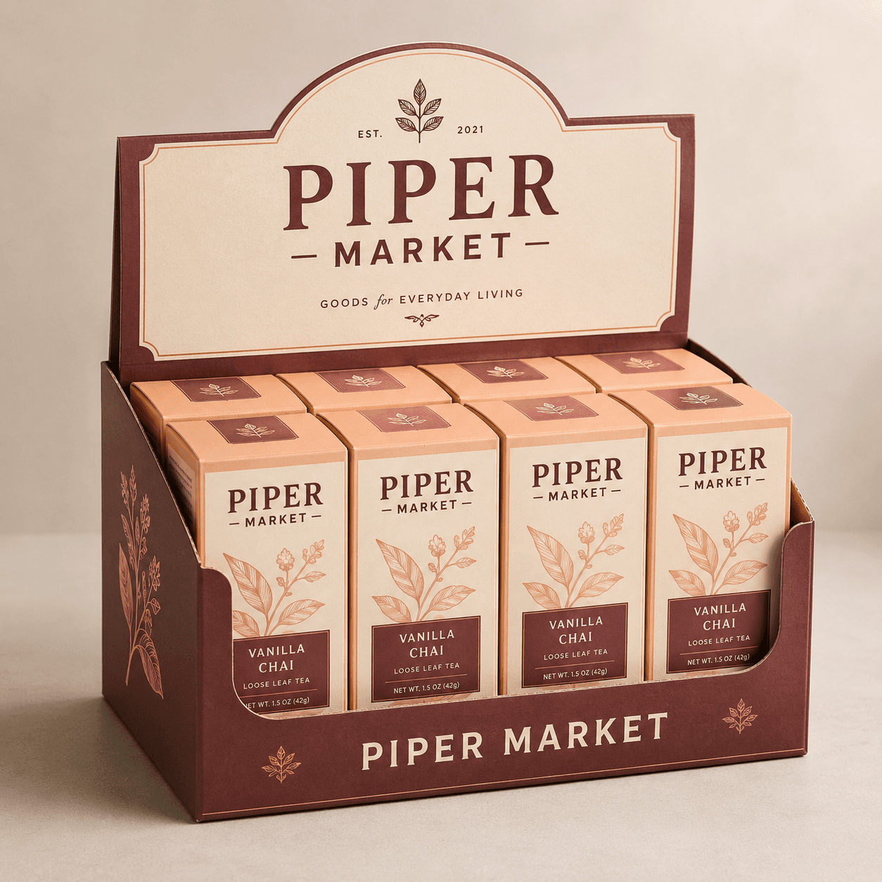 Counter display holding small retail cartons with clear product access, stable structure and visible branding.