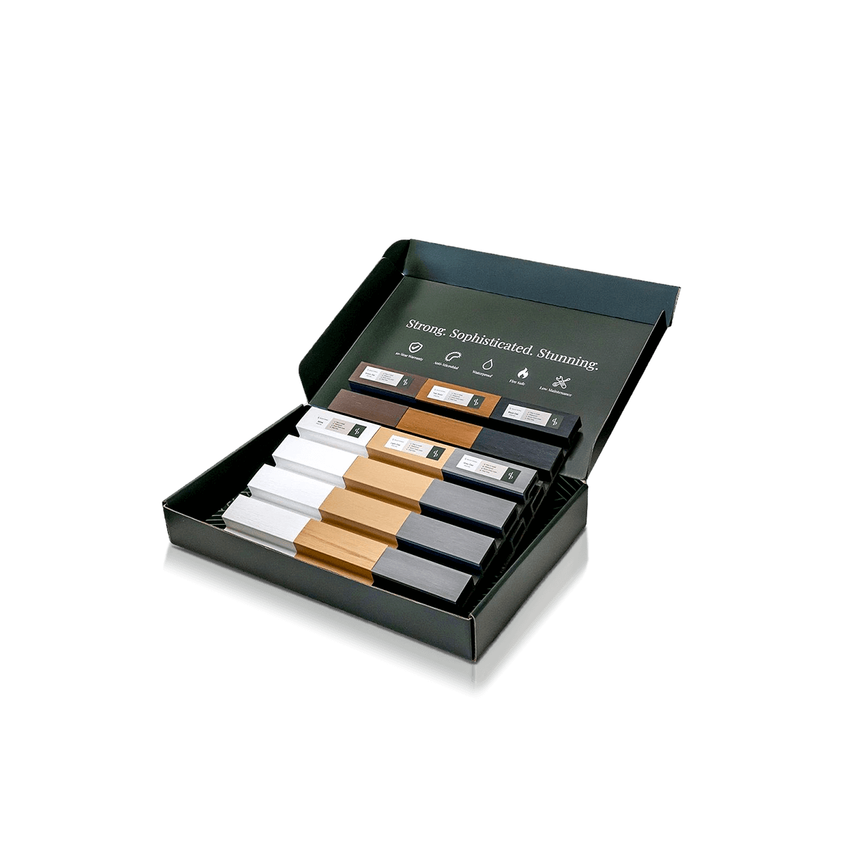 Custom product sample boxes with compact printed mailers and fitted inserts for neat trial-size product presentation.