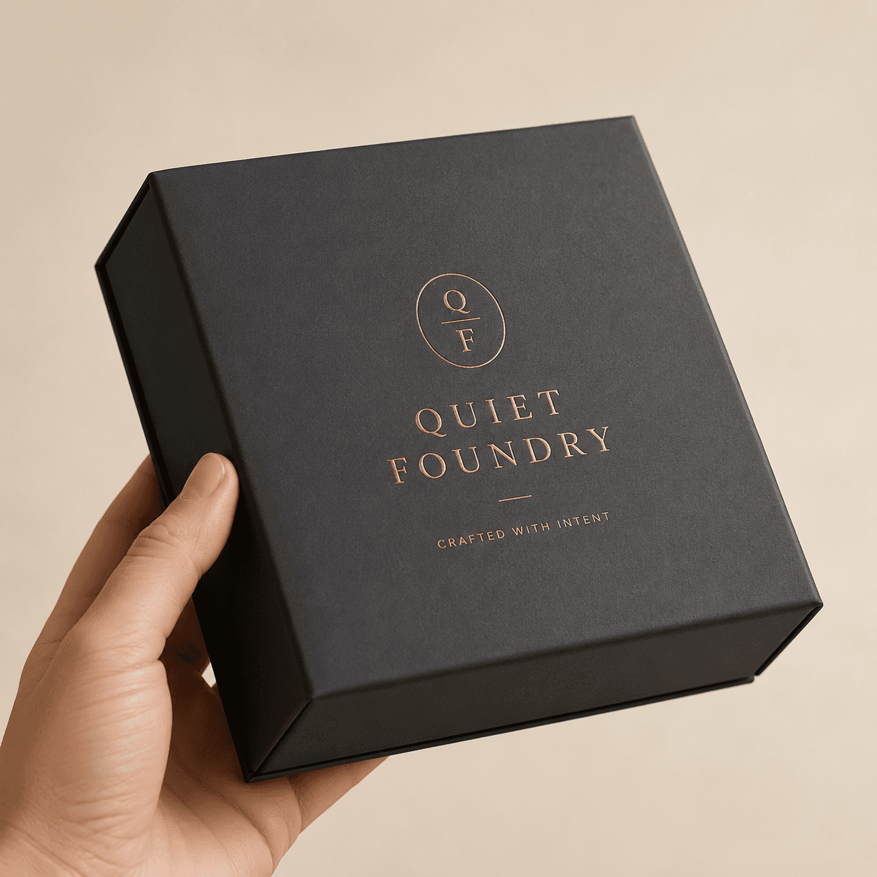 Close view of a soft-touch rigid box held lightly in hand, showing its smooth low-sheen premium surface.