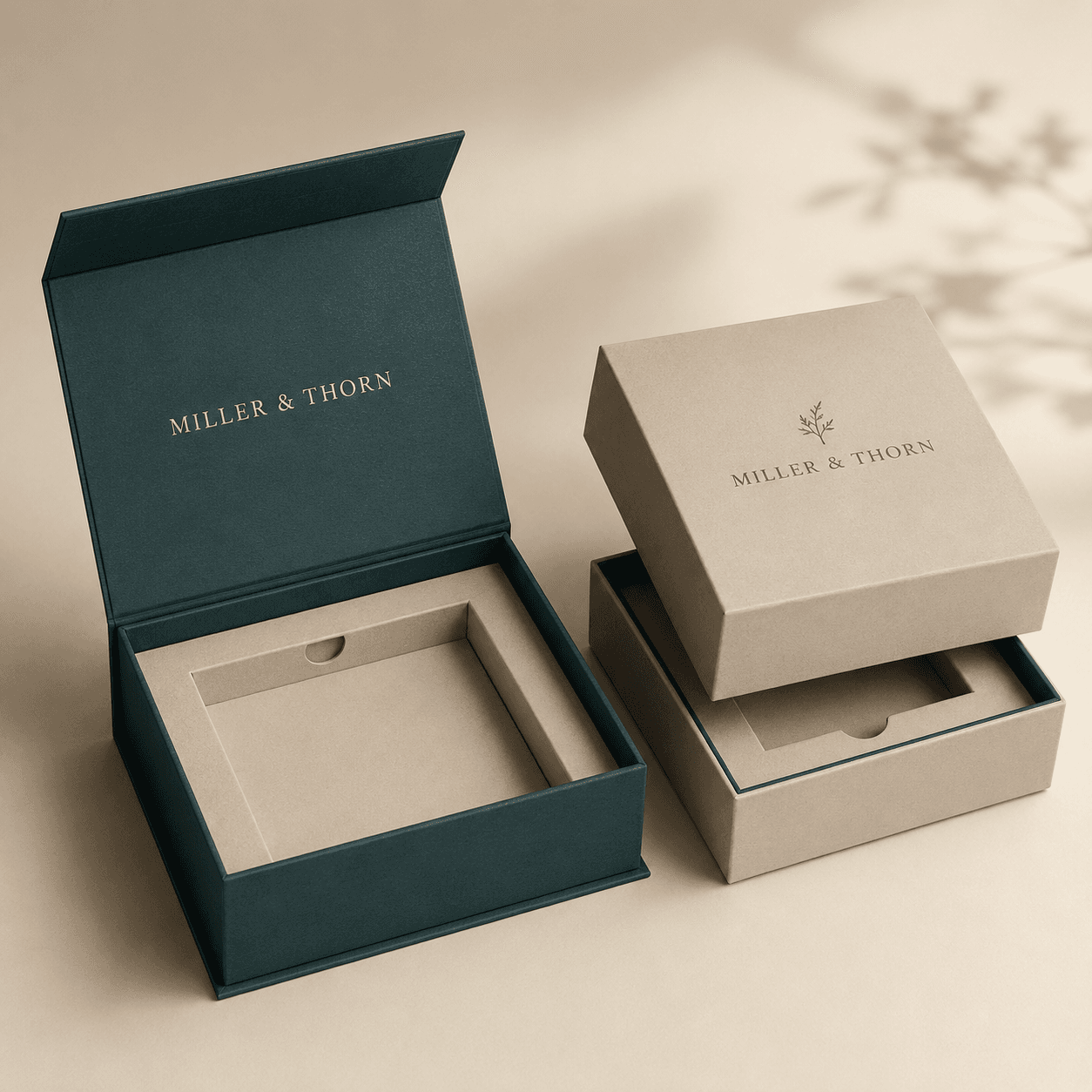 Magnetic closure and lid-and-base rigid boxes arranged to show premium structure and opening style.