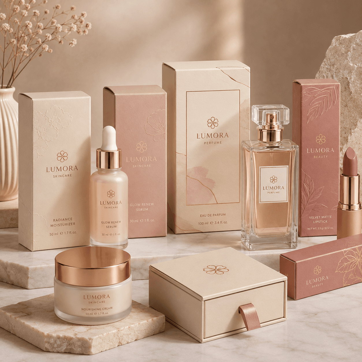 Custom beauty packaging with printed skincare, makeup and perfume boxes arranged for premium retail presentation.