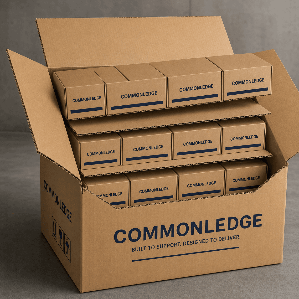Layer pads separating stacked retail products inside a larger carton to spread pressure and organise contents.