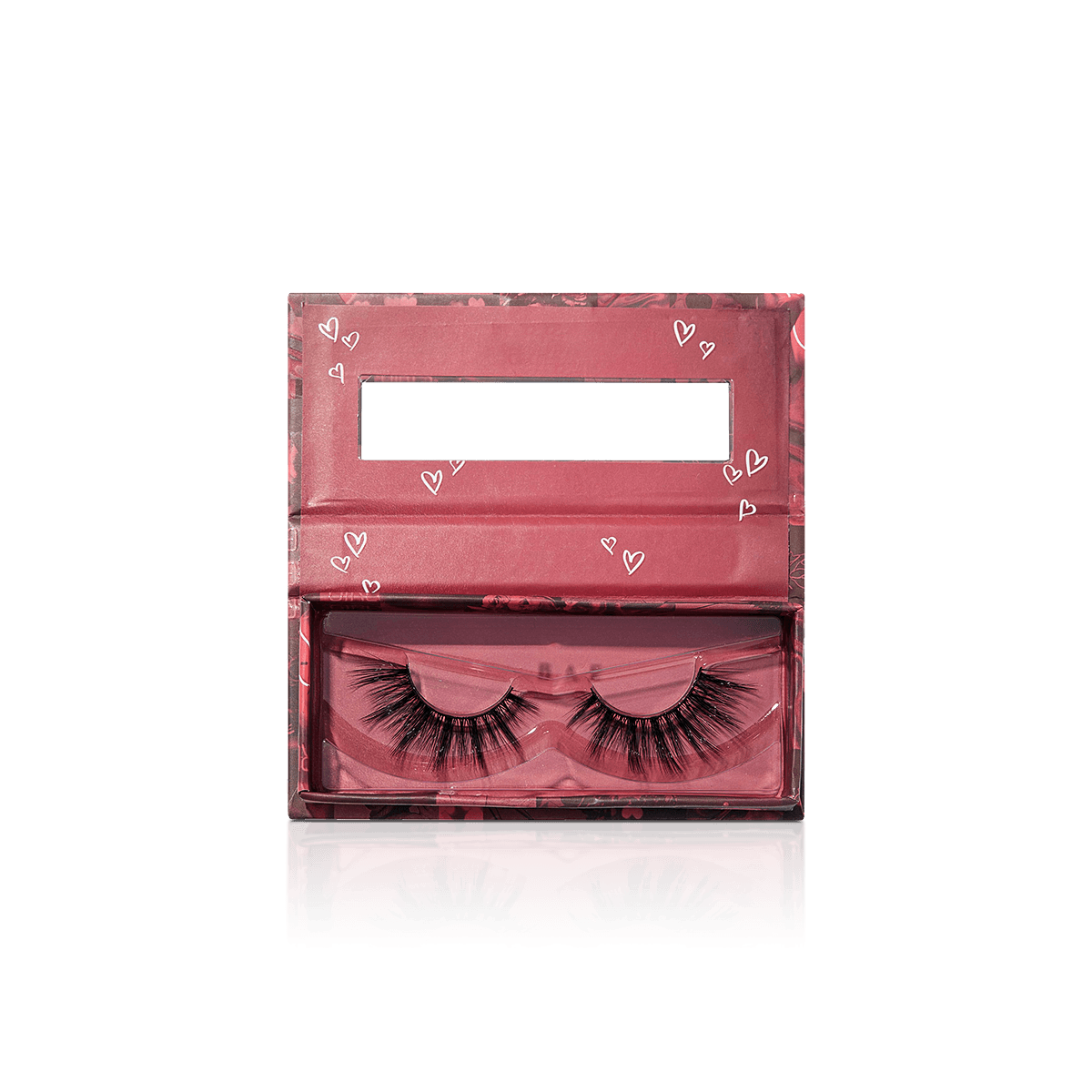 Custom eyelash boxes with clear window panels and fitted trays presenting false lashes for retail sale.