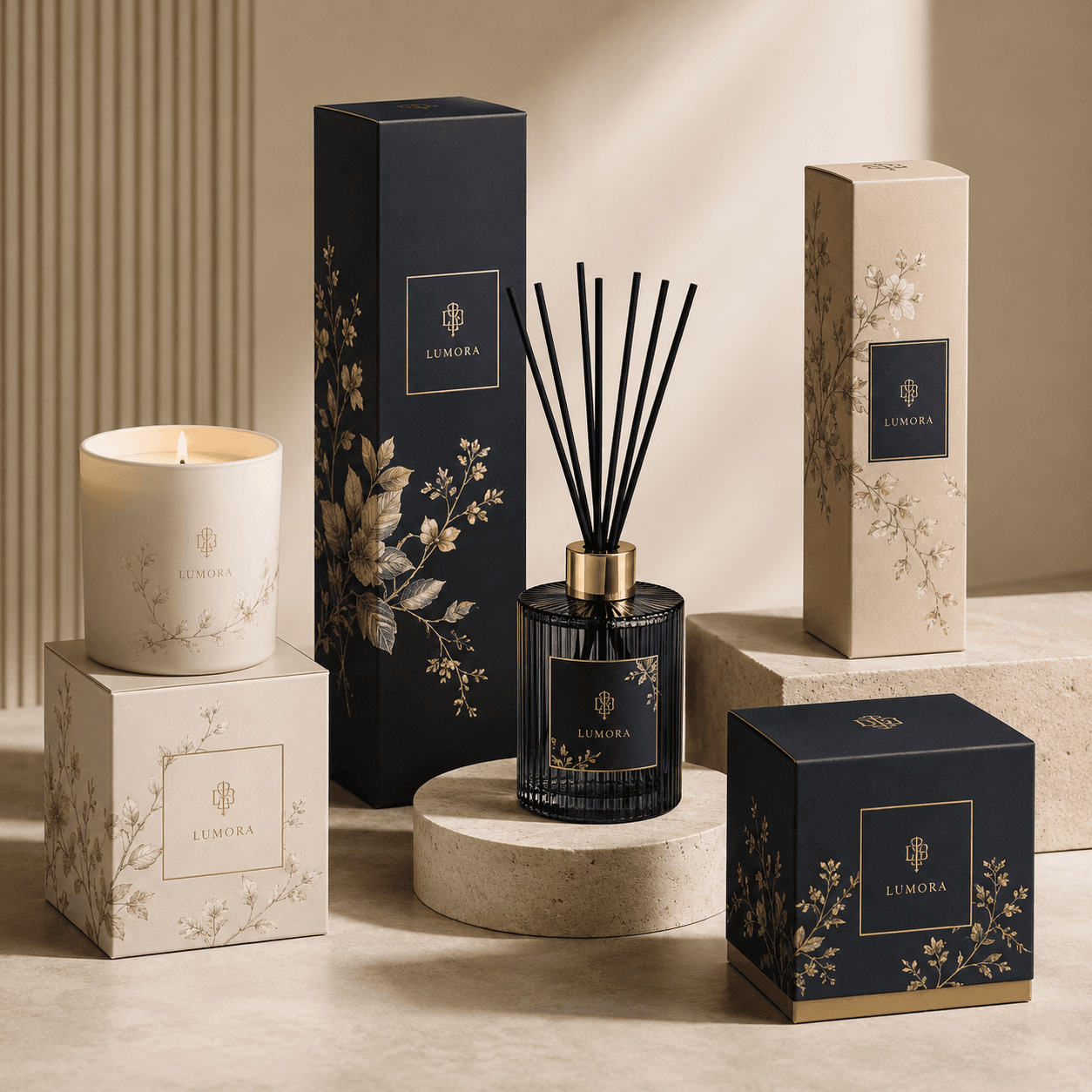 Custom candle and home fragrance packaging with printed jar boxes, diffuser cartons and fitted protective inserts