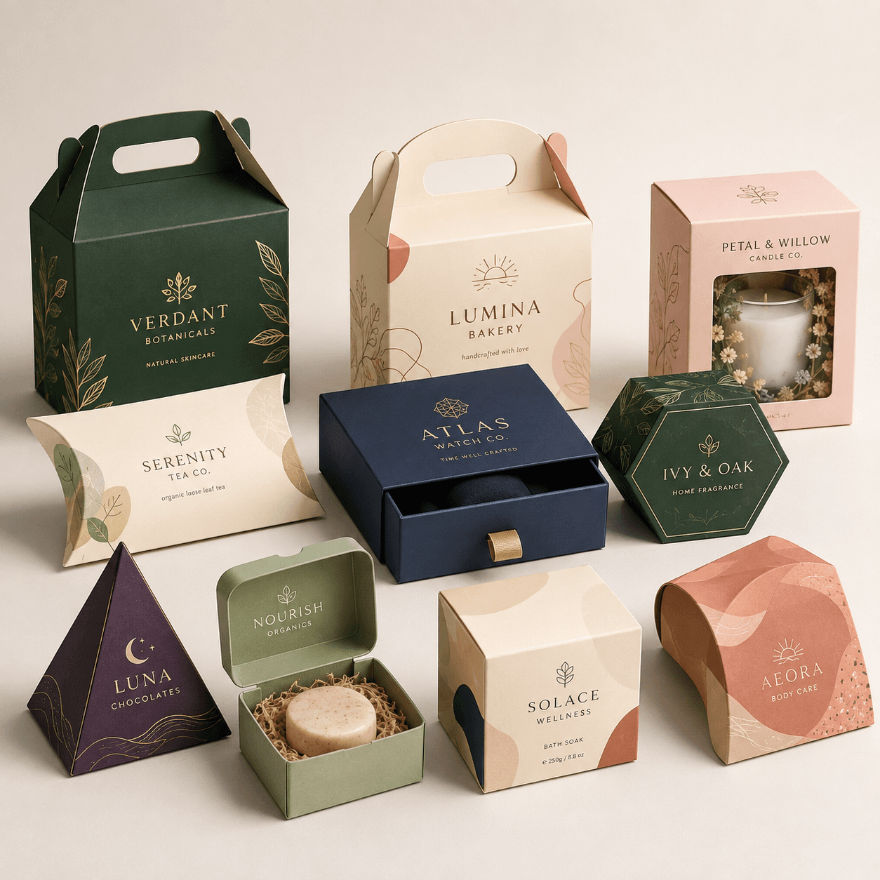 Custom printed gable, pillow, drawer, window and shaped boxes arranged in a premium studio display