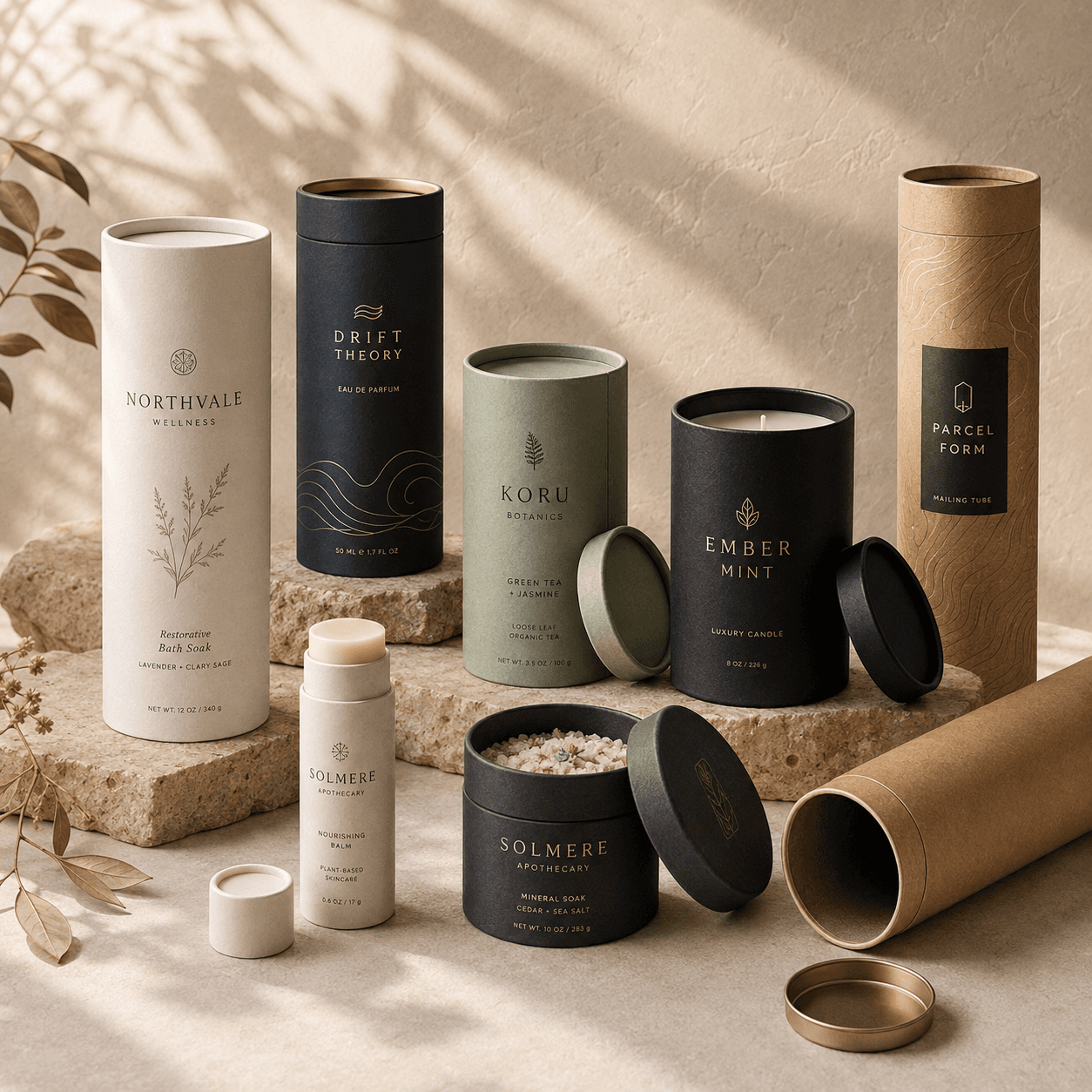 Assorted custom cardboard tubes and cylinder packaging with printed finishes, lids and kraft surfaces.