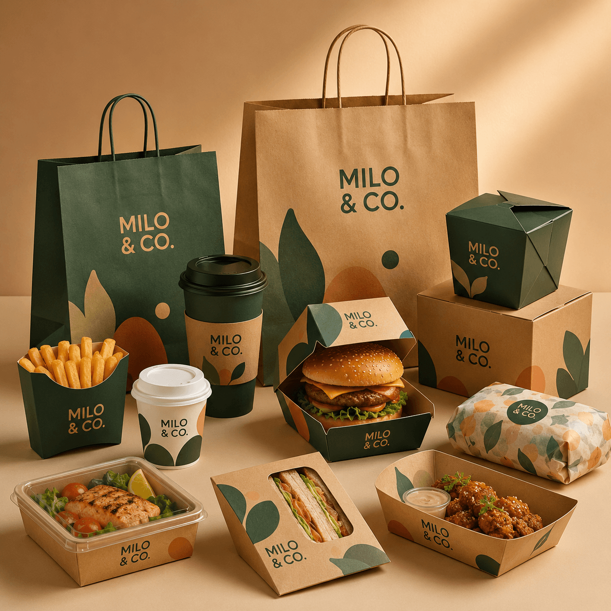 Branded cafe and takeaway packaging with paper cups, food boxes, trays and carry bags for service and delivery