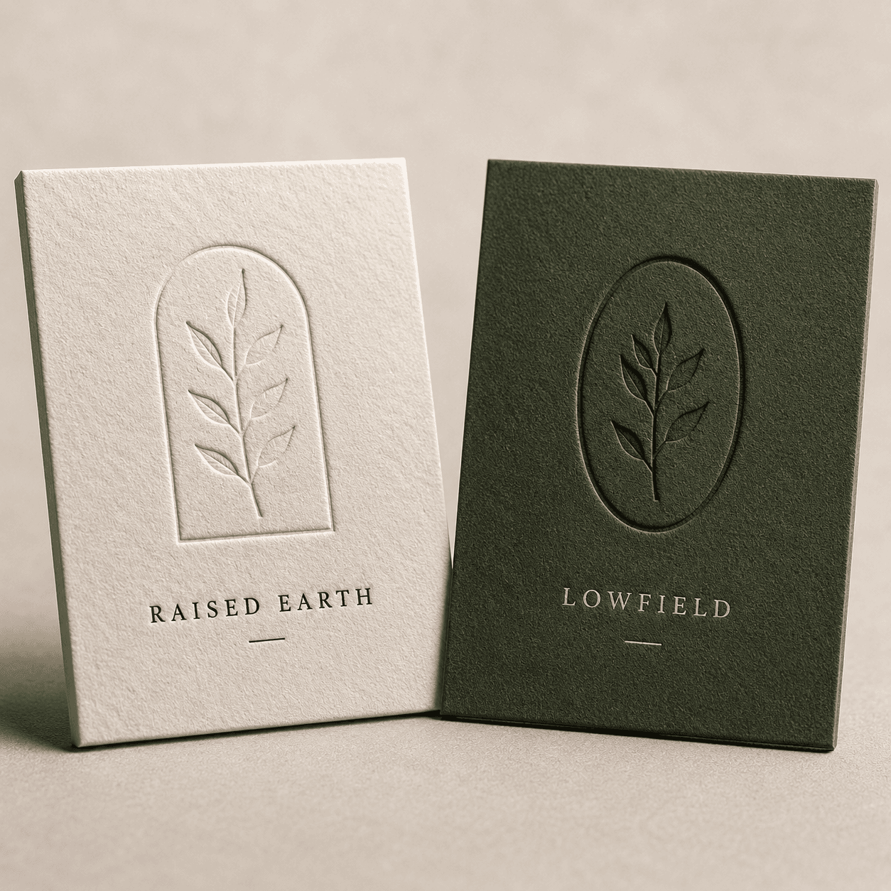 Close-up of embossed and debossed logos on premium paperboard, showing raised and recessed texture.