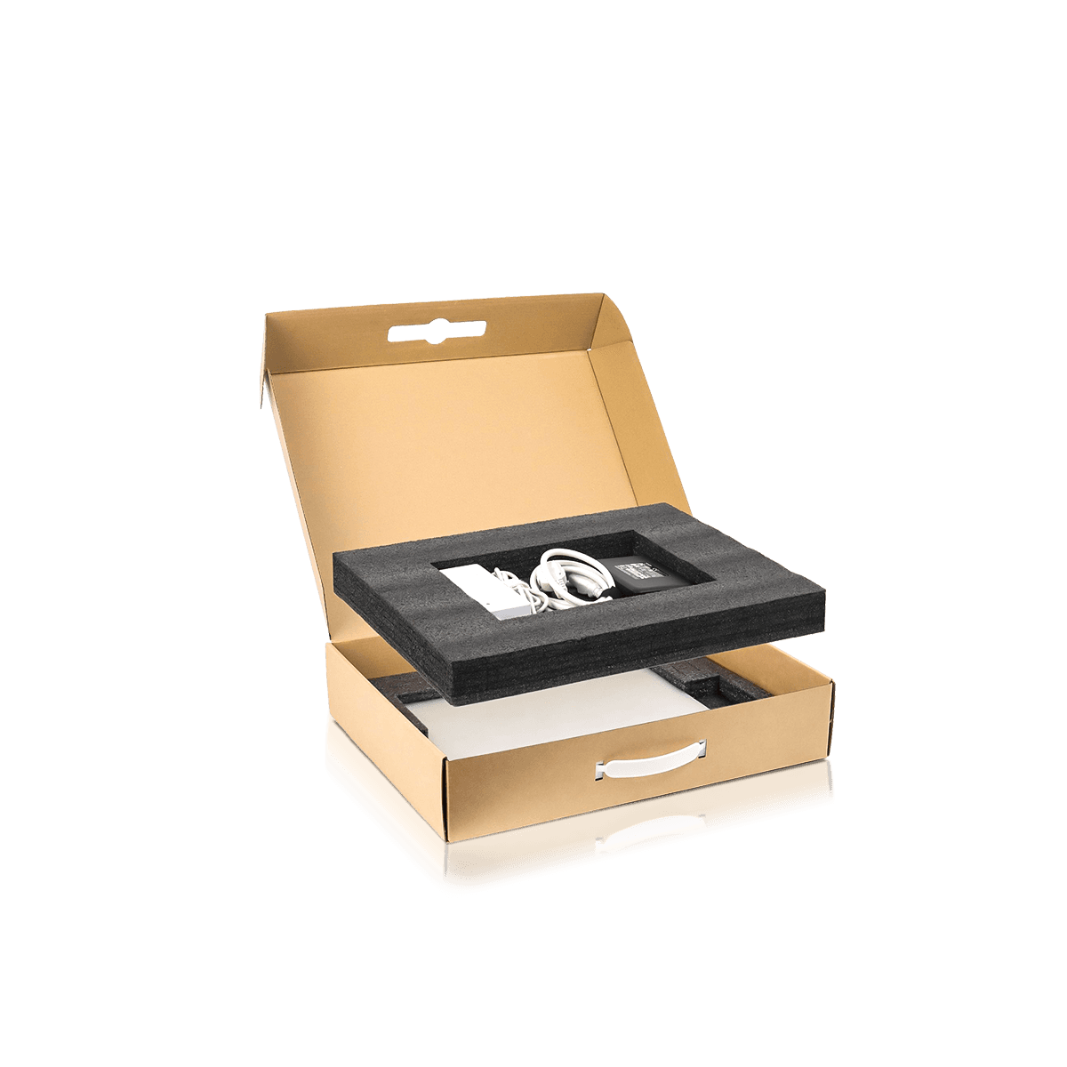 Custom electronics insert boxes with die-cut compartments securing devices, cables and accessories in place.