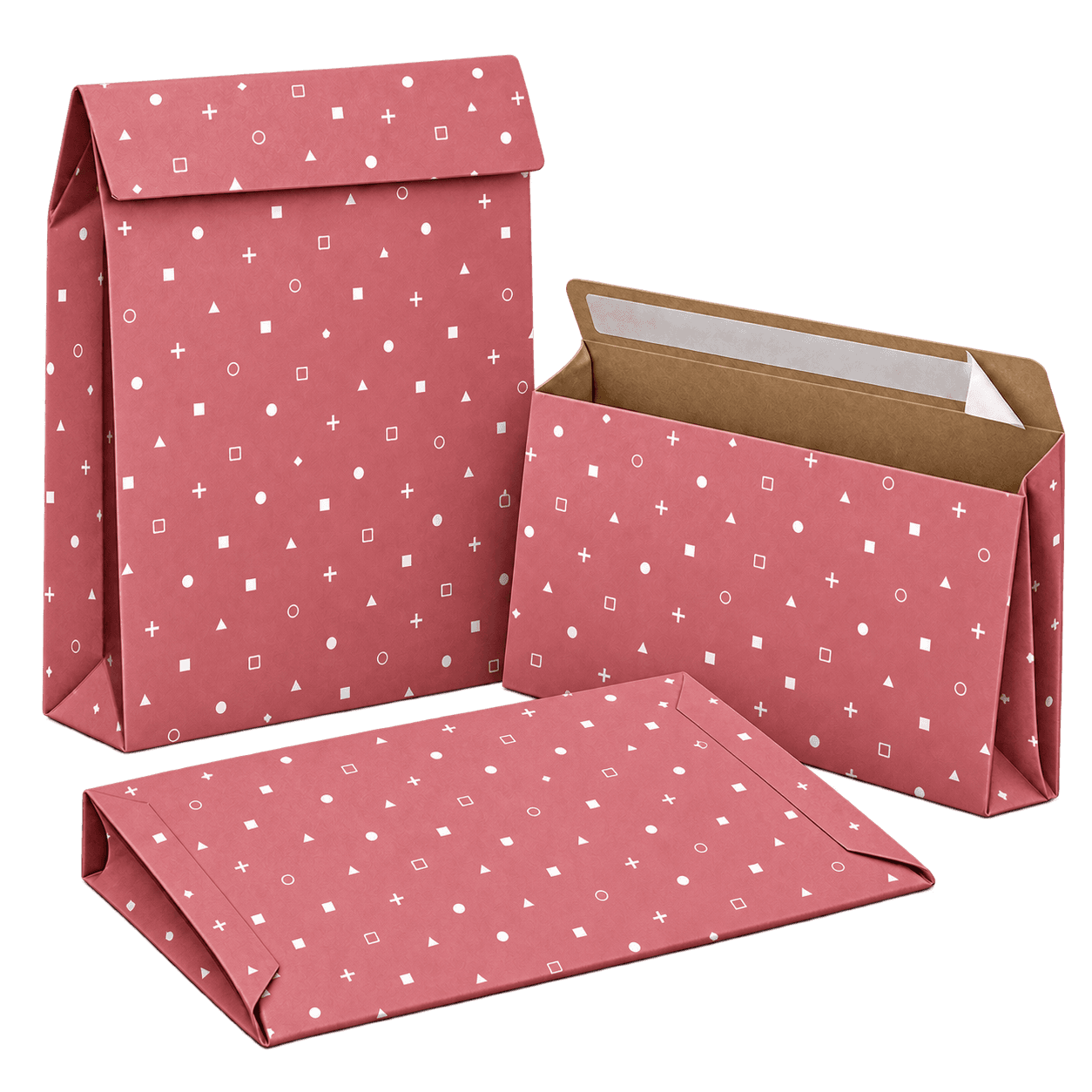 Custom mailing envelopes with pink confetti print, gusseted sides and peel-and-seal closure.