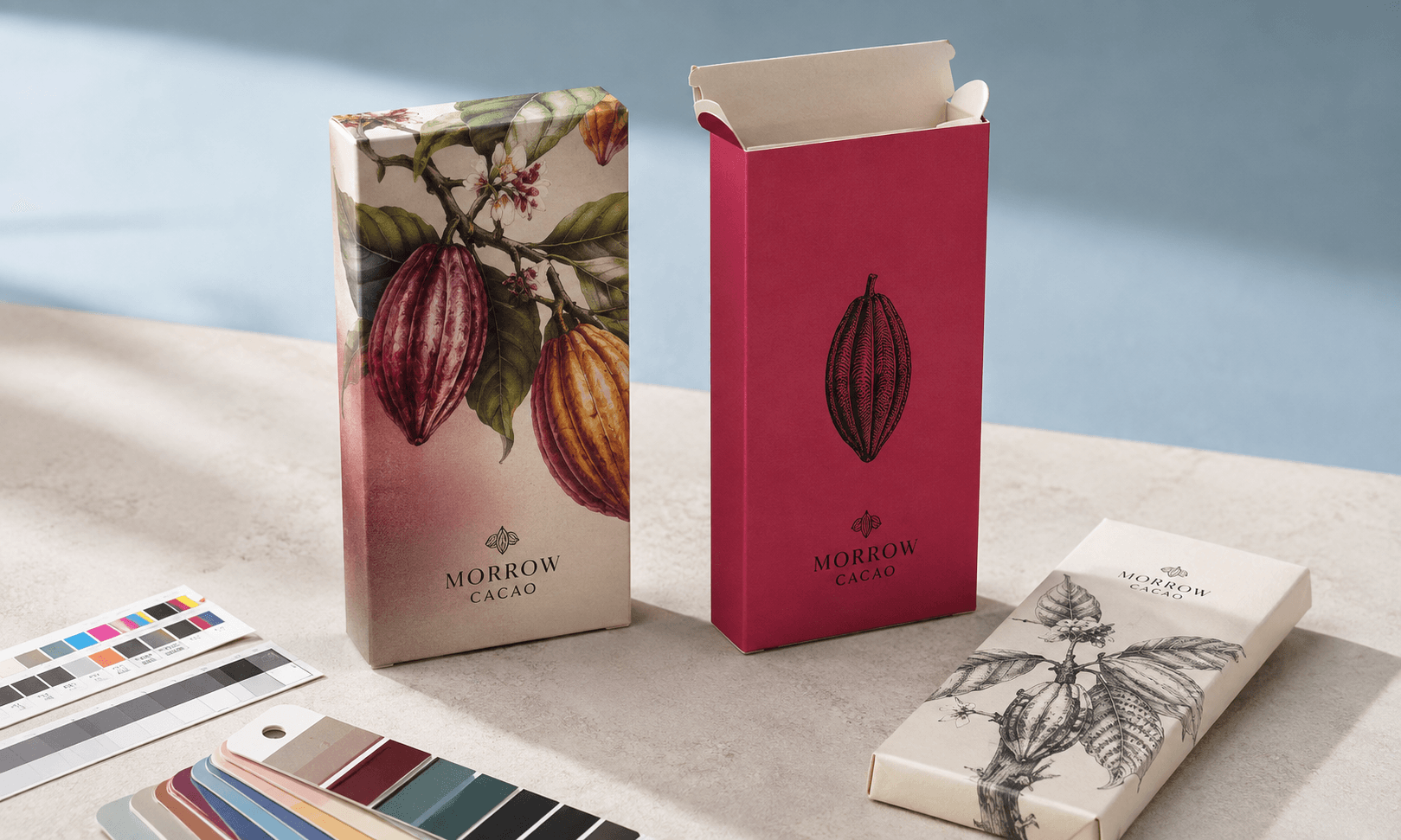 CMYK-style photographic carton beside a solid-colour Pantone carton in a refined packaging studio setting.