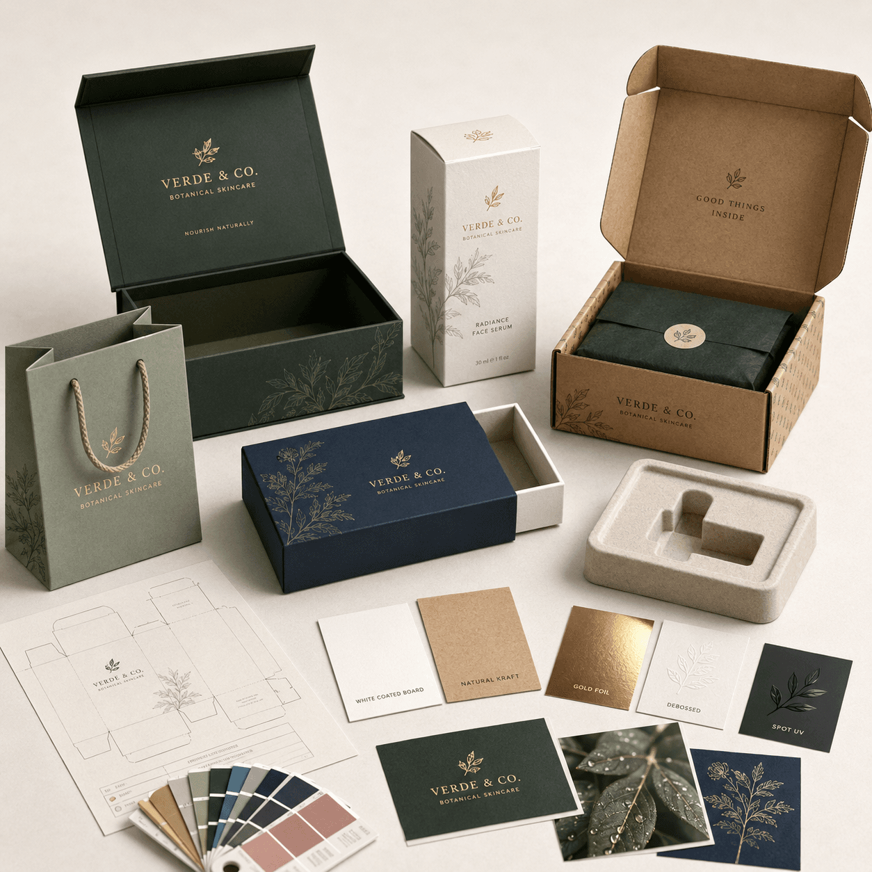 Custom packaging display with rigid boxes, folding cartons, a mailer, paper bag, dielines, inserts and finishes.