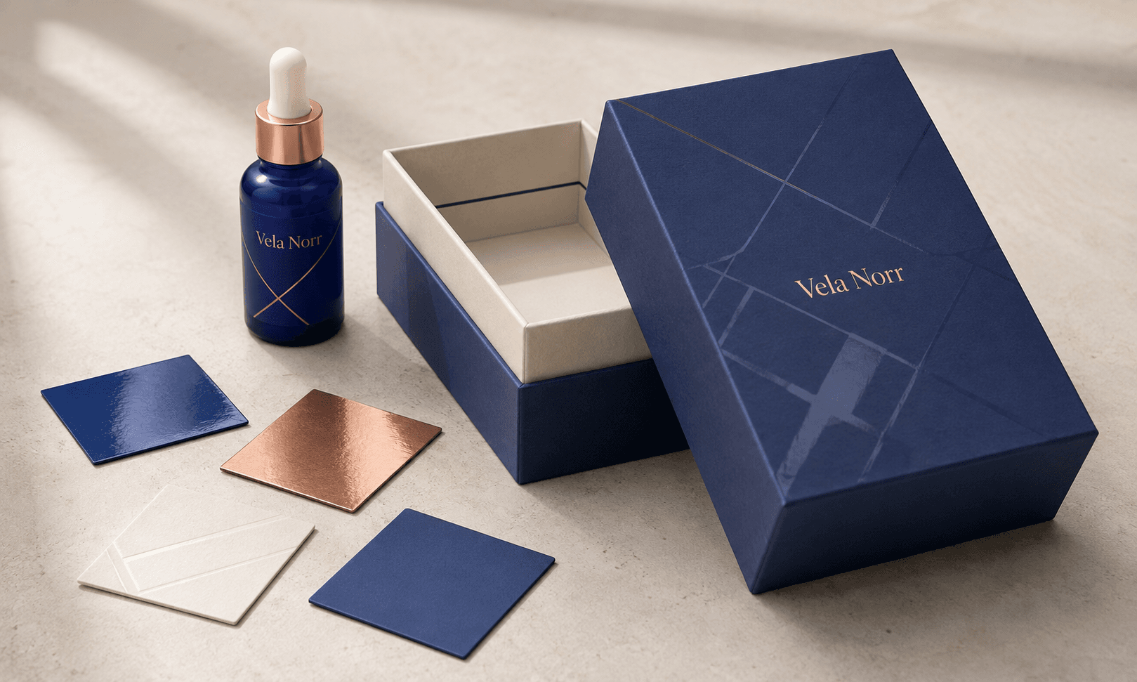 Premium rigid box with soft-touch matte and Spot UV beside tactile packaging finish samples on a refined approval table.
