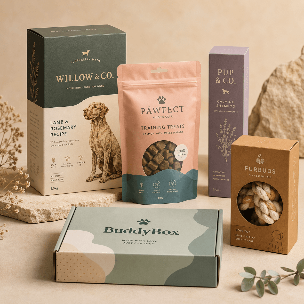 Custom pet product packaging with printed food boxes, treat pouches, toy cartons and subscription mailers.