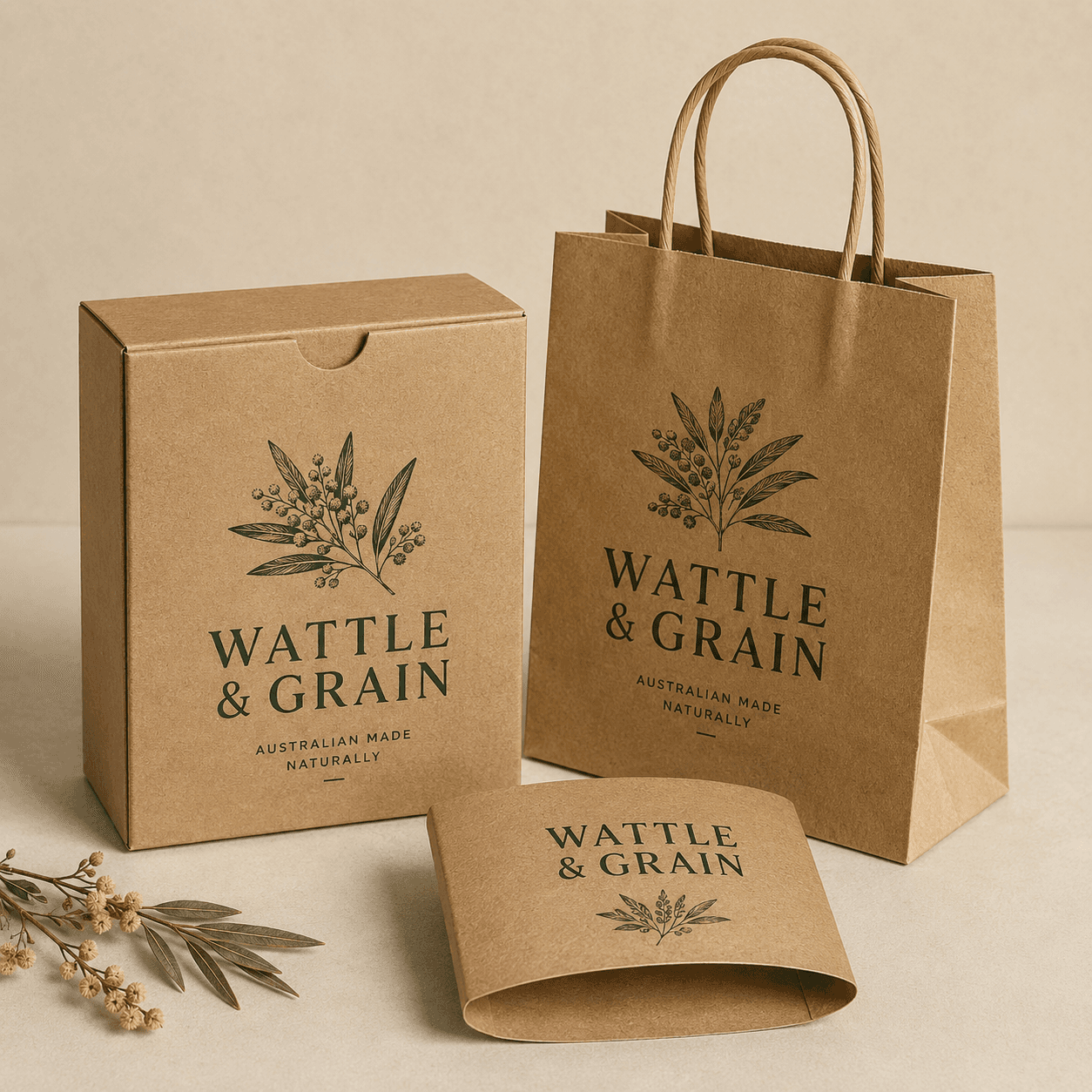 Natural kraft cartons, sleeves and paper bags displaying tactile uncoated surfaces and earthy print finishes.