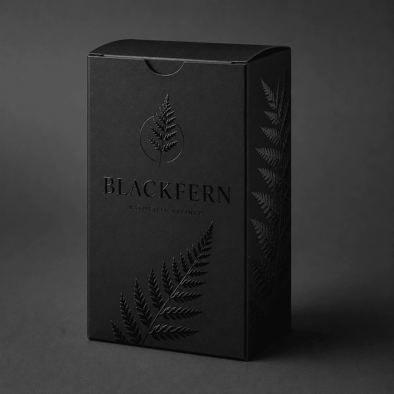 Spot UV logo catching light on a matte carton, creating a controlled glossy contrast on selected artwork.