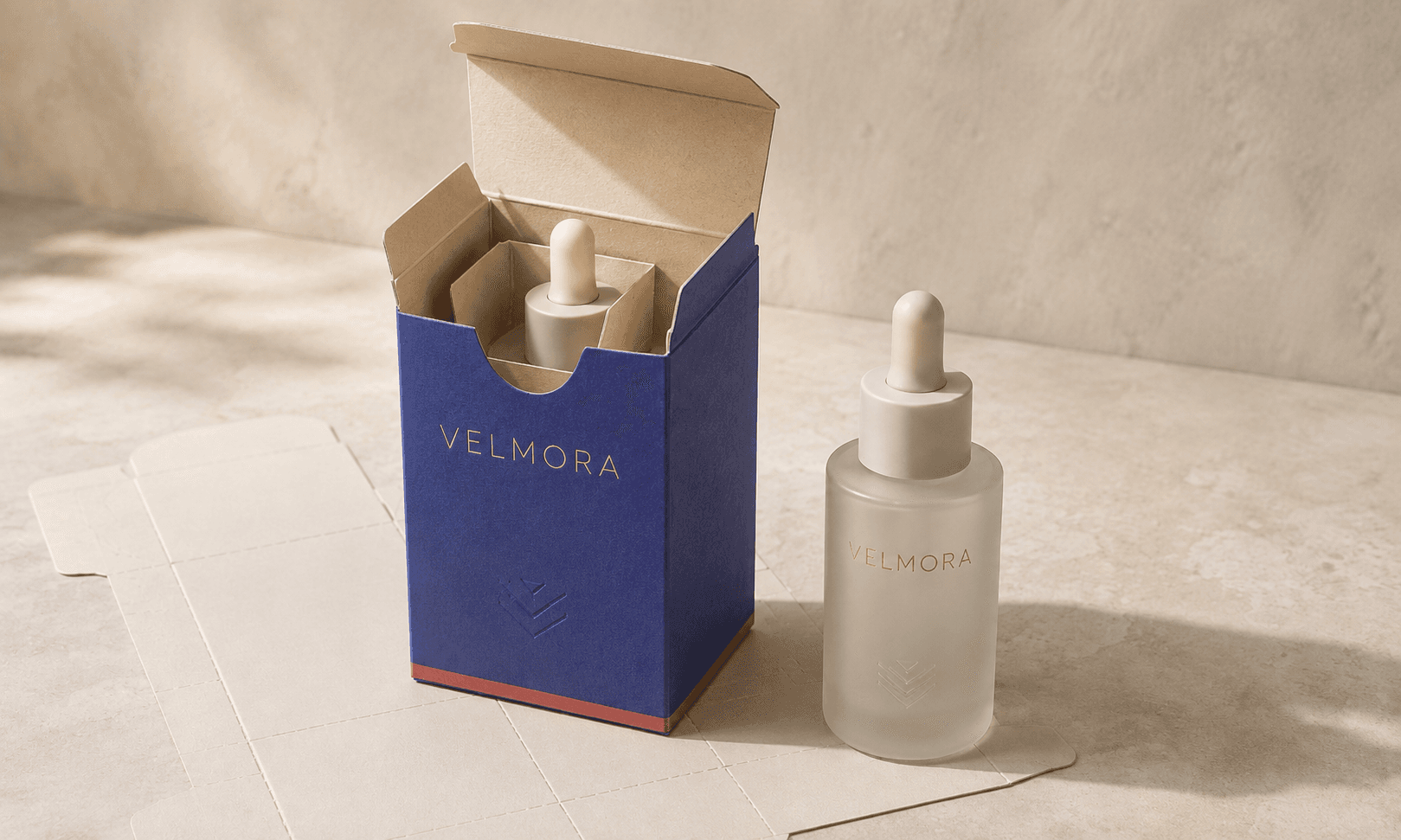 Frosted serum bottle in a fitted straight tuck carton beside a flat dieline on a refined studio surface.