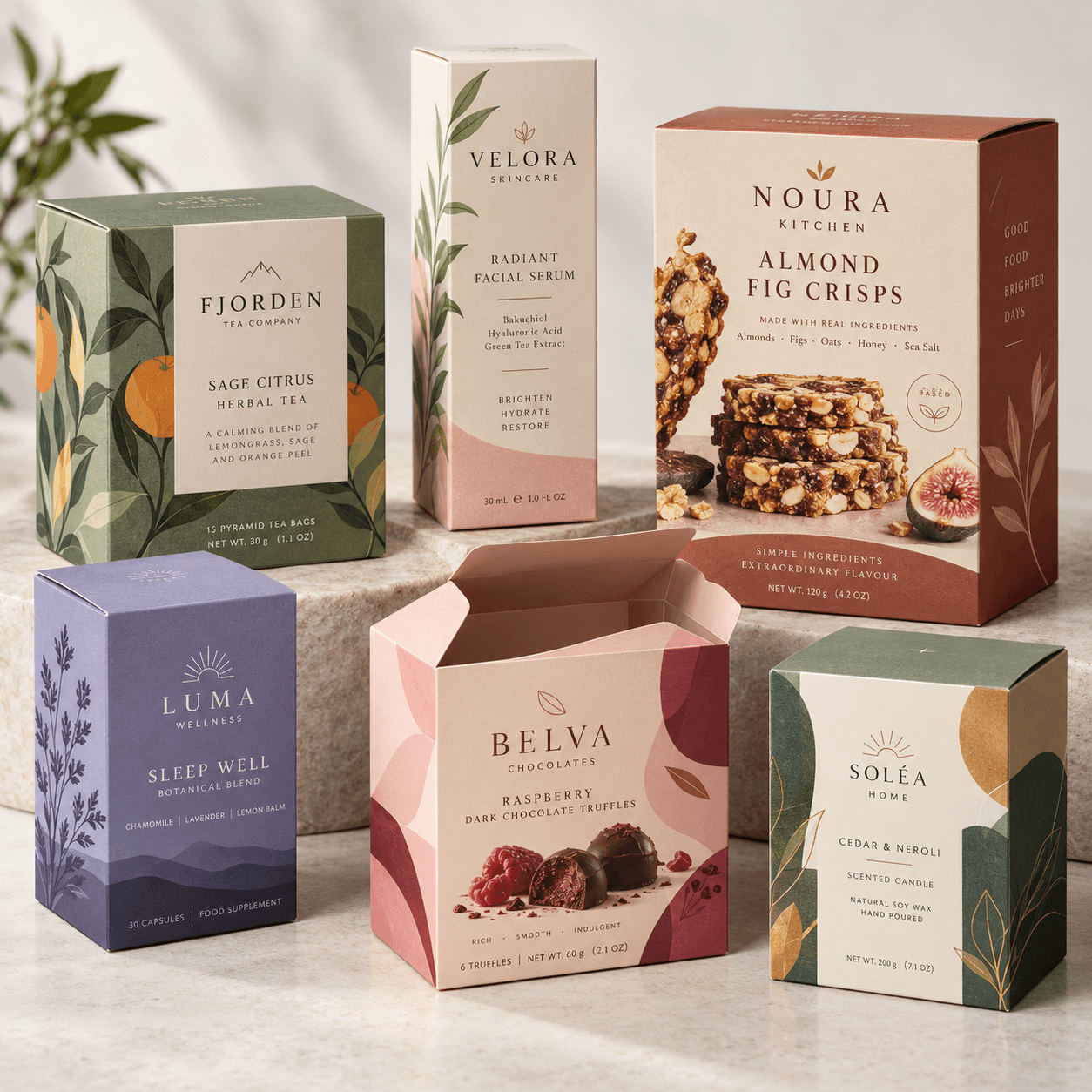 Fictionally branded product boxes and folding cartons in assorted sizes for beauty, food and wellness packaging.
