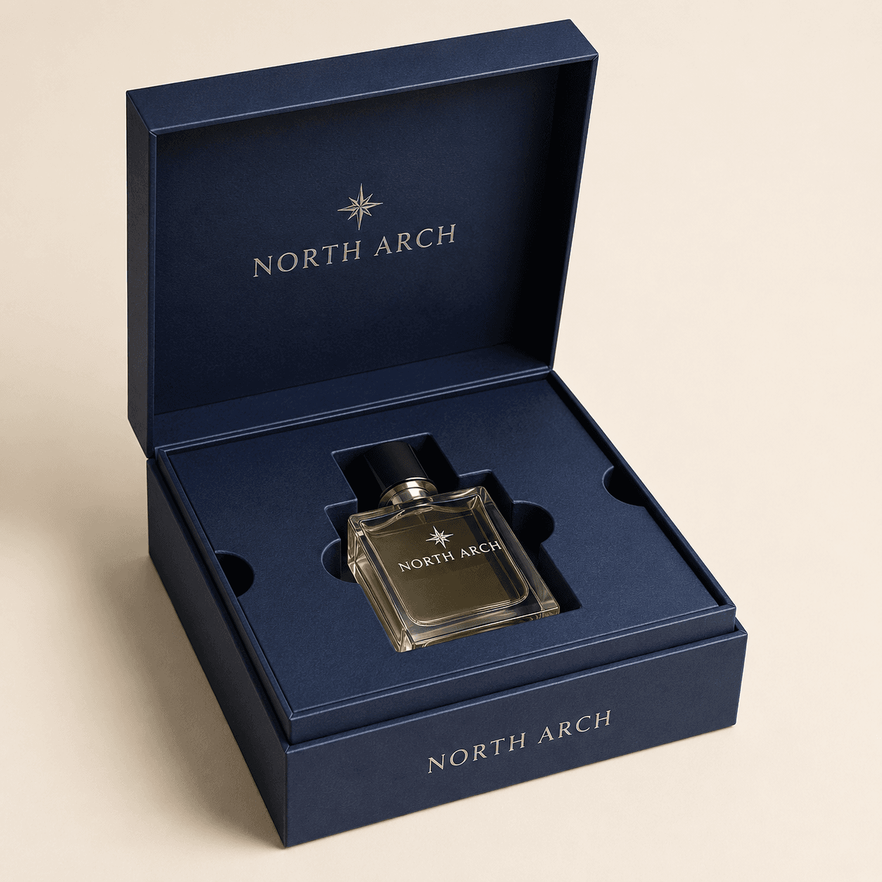 Premium gift box with a layered paperboard platform that raises the product and improves opening presentation.