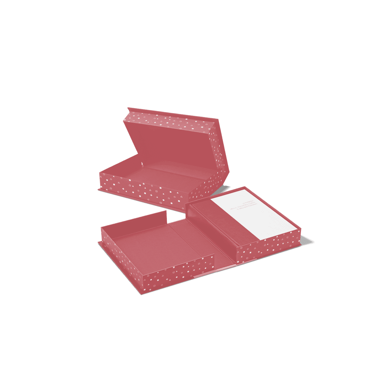 Custom rigid clamshell box shown open with a connected hinged lid and fitted interior for secure presentation.