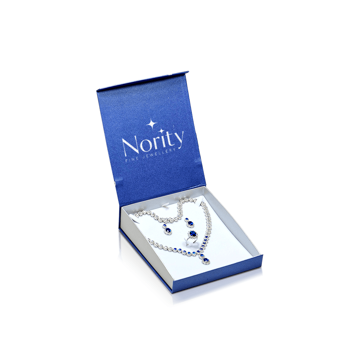 Custom jewellery set boxes with fitted compartments presenting rings, earrings and necklaces securely for premium gifting.