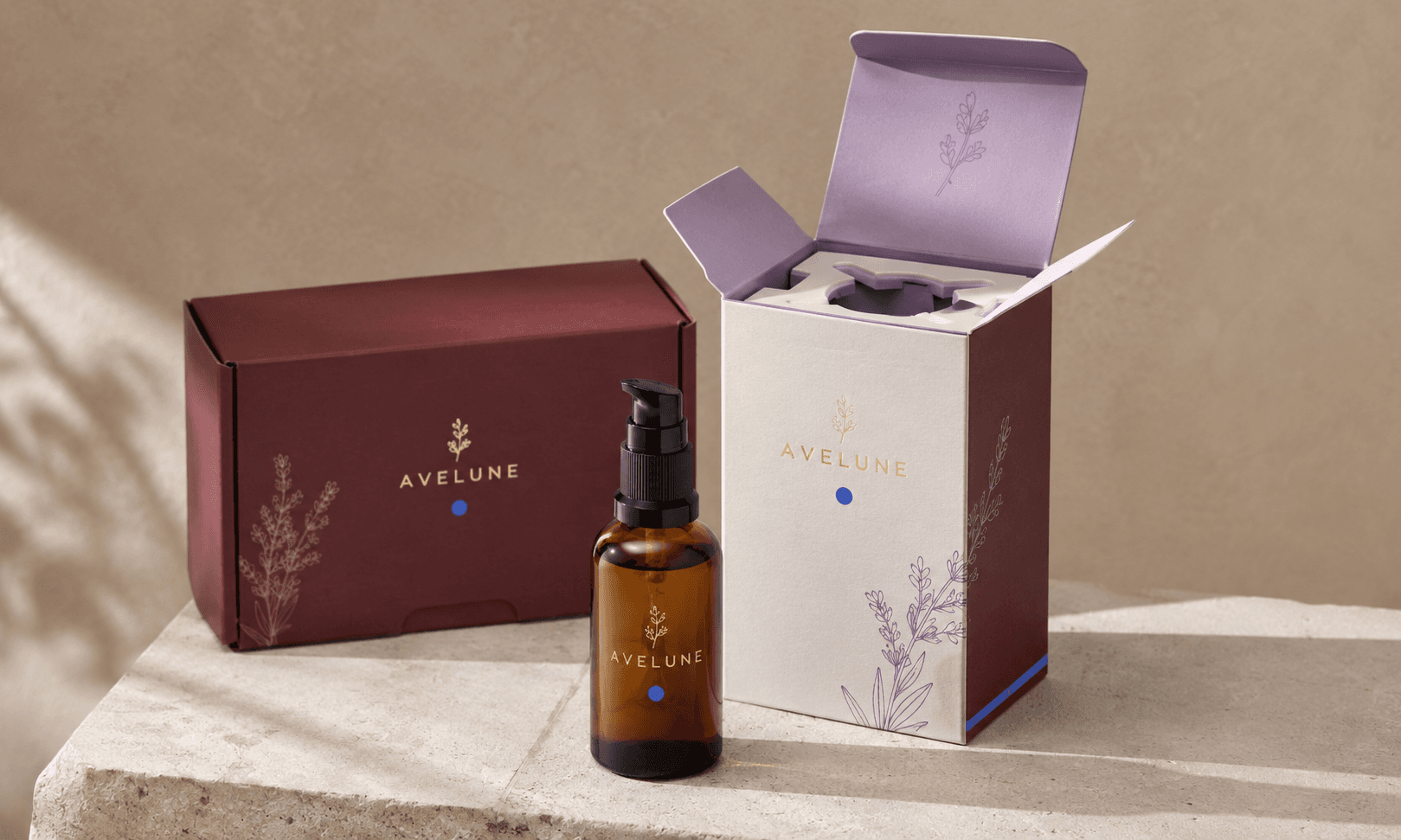 Premium skincare serum packaging with amber bottle, fitted carton insert and corrugated mailer for delivery.