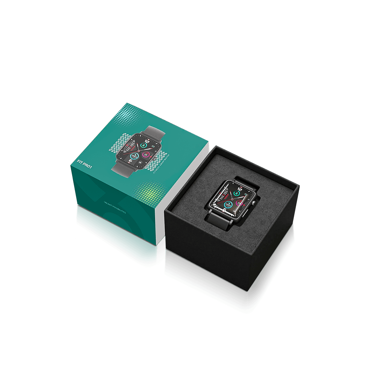 Custom smartwatch boxes with fitted inserts presenting the watch and accessories securely for premium retail display.