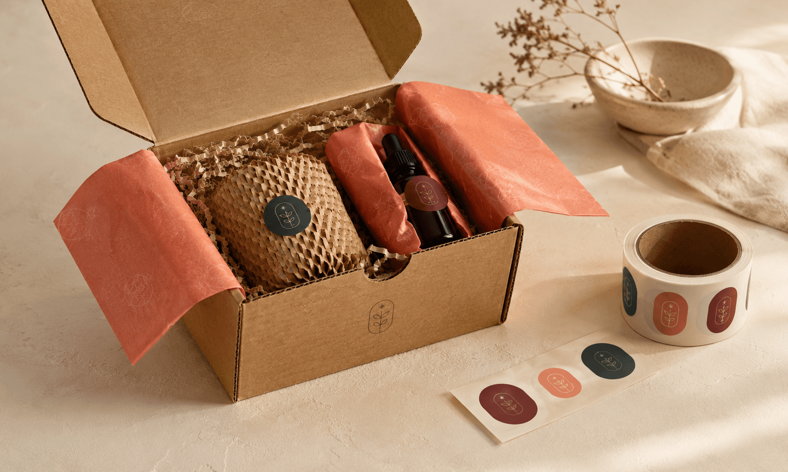 Open corrugated mailer with simple branded tissue and small products arranged for a first packaging order.