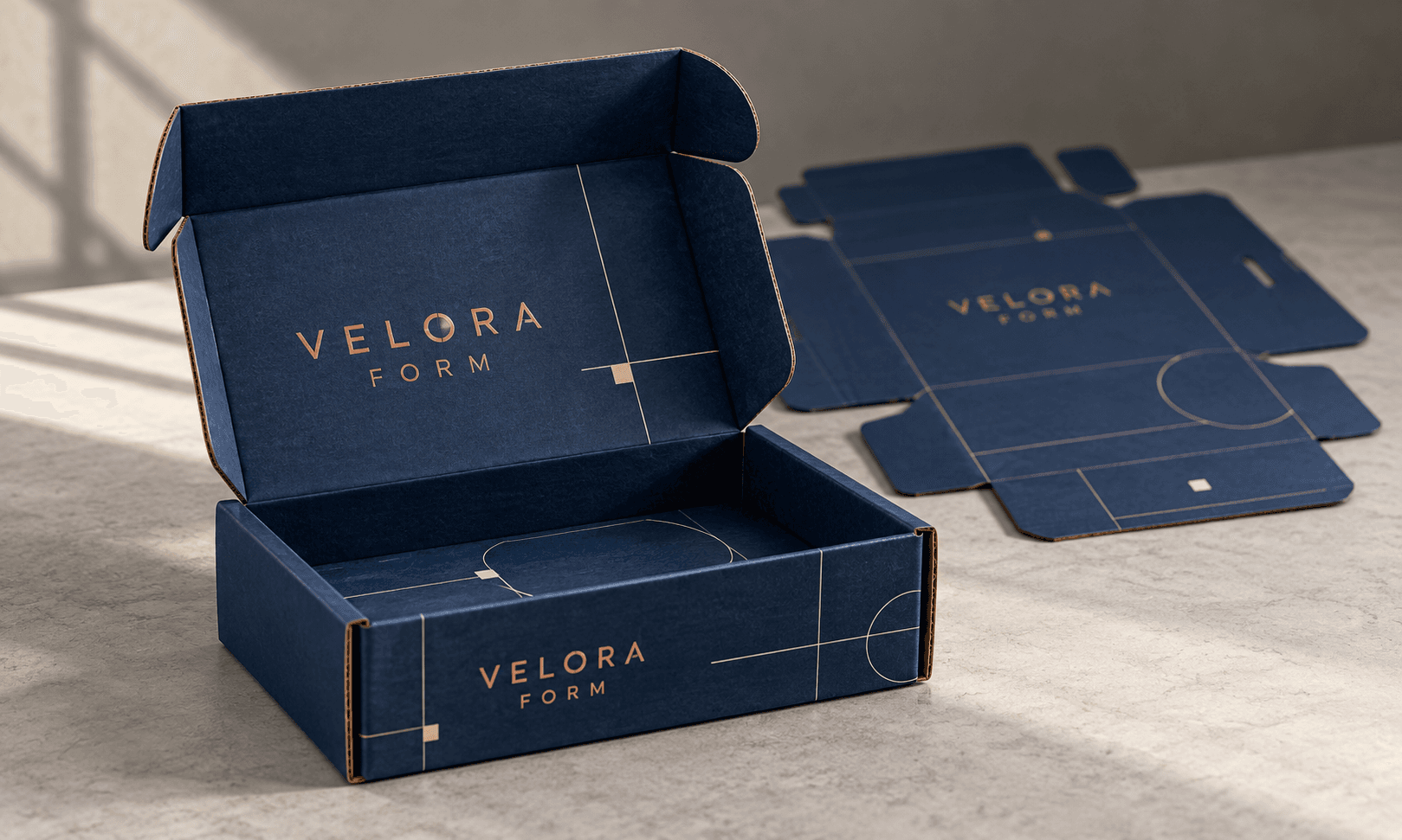 Open printed corrugated mailer beside its flat blank, showing how a custom box moves from structure to finished pack.